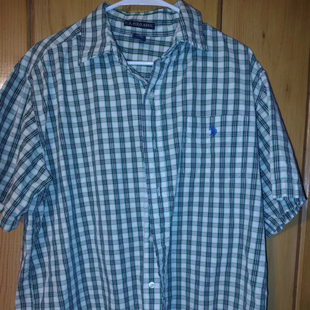 US Polo Assn Button Shirt Short Sleeve- Black Gray Green Plaid- Mens L